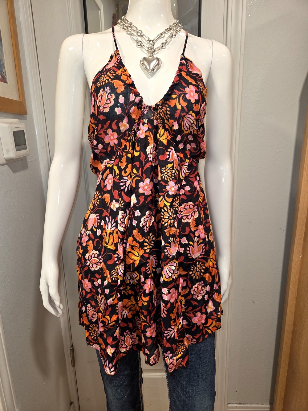 Free People Beautiful Floral V-Neck Spaghetti Strap Top - Black/Pink/Orange Sz M